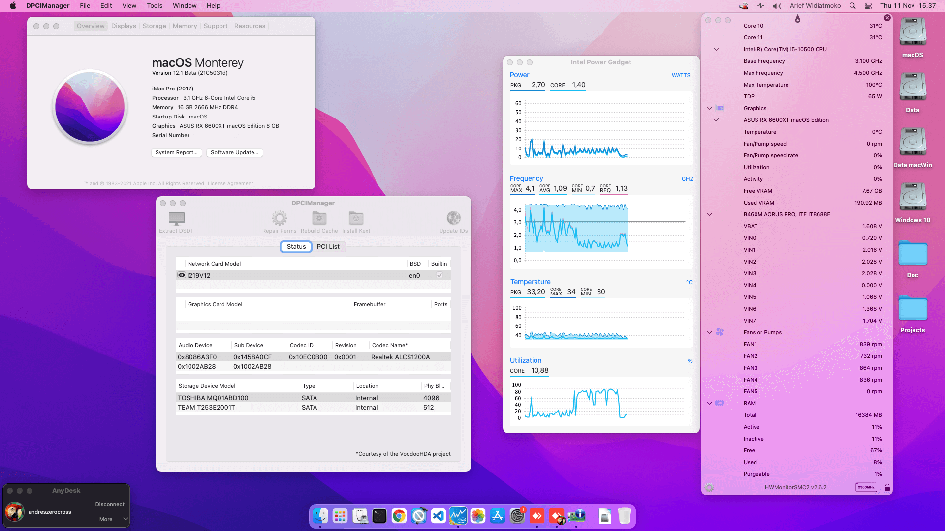 Success Hackintosh macOS Monterey 12.1 Beta Build 21C5031d in Gigabyte B460M Aorus Pro + Intel Core i5 10500 + Asus Dual RX 6600XT